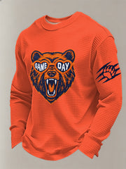 Men's Bear Print Football Fans Gameday Casual Waffle Long Sleeve T-Shirt