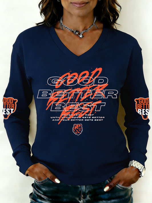 Women's Good Better Best Print Football Fans Gameday Casual Long-Sleeve V-Neck T-Shirt