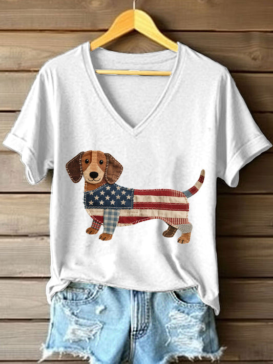 Women's Lovely Dachshund Patchwork Pattern V-Neck T-Shirt