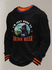 Men's Just Here To Drink Beer Printed Football Fans Gameday Casual Waffle Long Sleeve T-Shirt