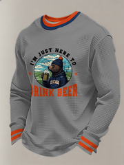 Men's Just Here To Drink Beer Printed Football Fans Gameday Casual Waffle Long Sleeve T-Shirt
