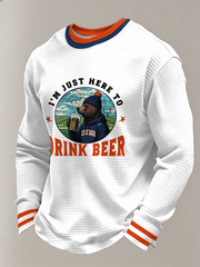 Men's Just Here To Drink Beer Printed Football Fans Gameday Casual Waffle Long Sleeve T-Shirt