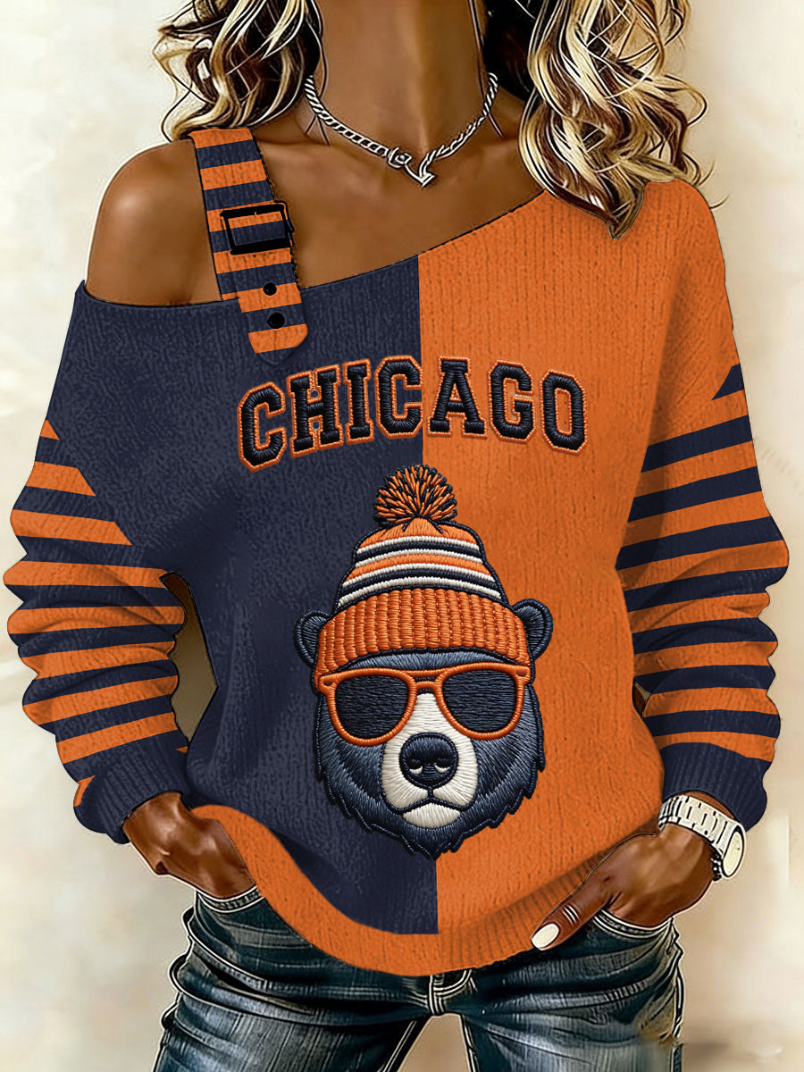 Women's Bear Print Football Fans Gameday Casual Off-Shoulder Top