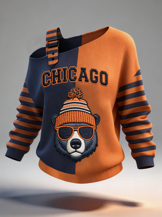 Women's Bear Print Football Fans Gameday Casual Off-Shoulder Top