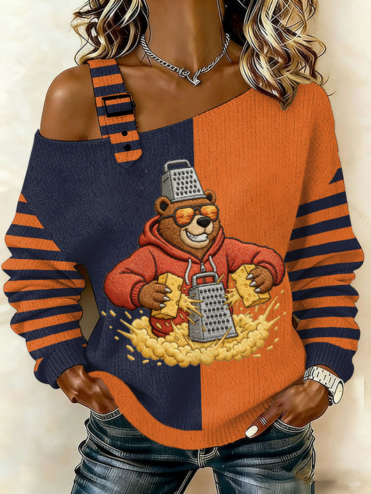 Women's Funny Bear Shredding Cheese Print Football Fans Gameday Casual Off-Shoulder Top