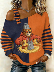 Women's Funny Bear Shredding Cheese Print Football Fans Gameday Casual Off-Shoulder Top