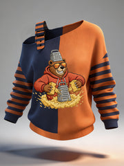 Women's Funny Bear Shredding Cheese Print Football Fans Gameday Casual Off-Shoulder Top