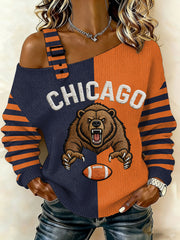 Women's Bear Print Football Fans Gameday Casual Off-Shoulder Top