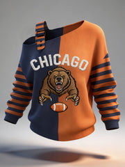 Women's Bear Print Football Fans Gameday Casual Off-Shoulder Top