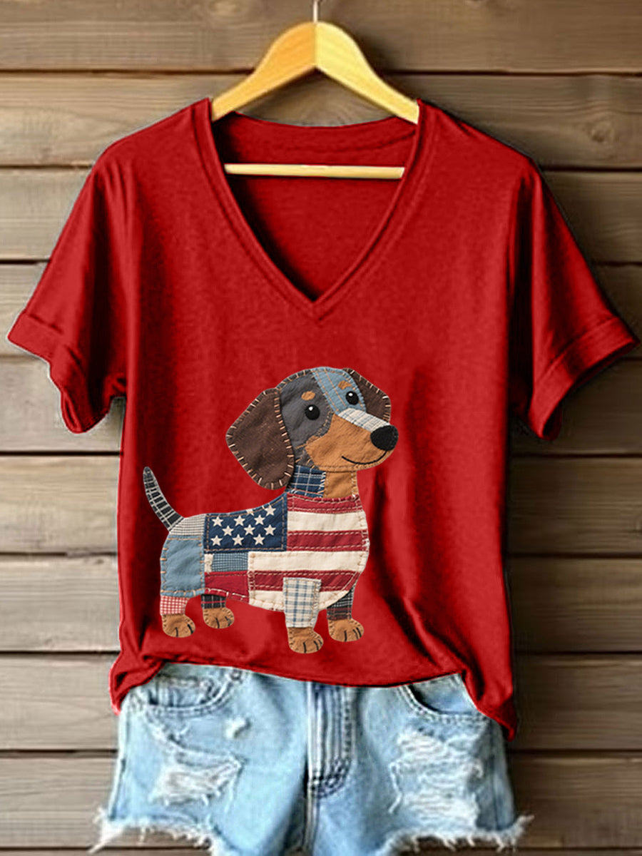 Women's Lovely Dachshund Patchwork Pattern V-Neck T-Shirt