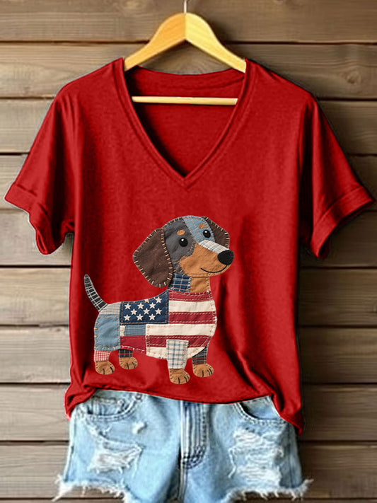 Women's Lovely Dachshund Patchwork Pattern V-Neck T-Shirt