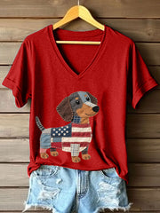 Women's Lovely Dachshund Patchwork Pattern V-Neck T-Shirt