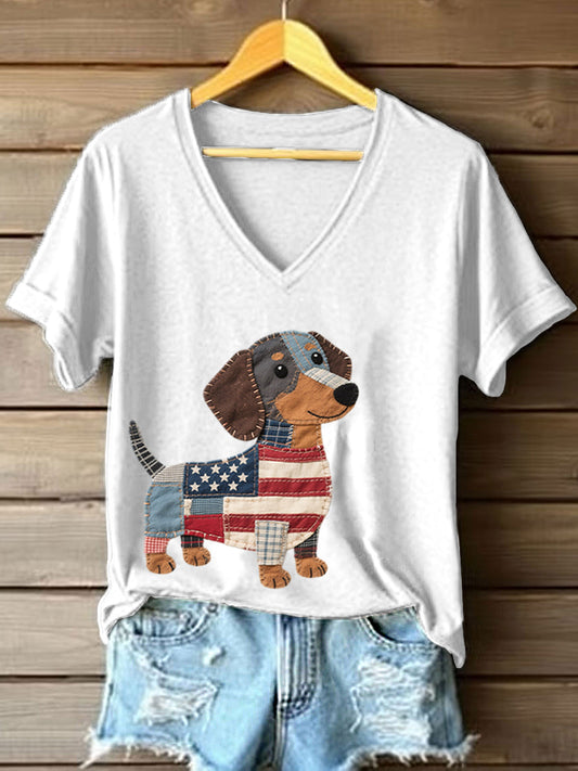 Women's Lovely Dachshund Patchwork Pattern V-Neck T-Shirt