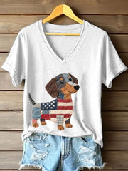 Women's Lovely Dachshund Patchwork Pattern V-Neck T-Shirt