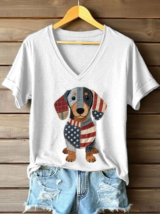 Women's Lovely Dachshund Patchwork Pattern V-Neck T-Shirt