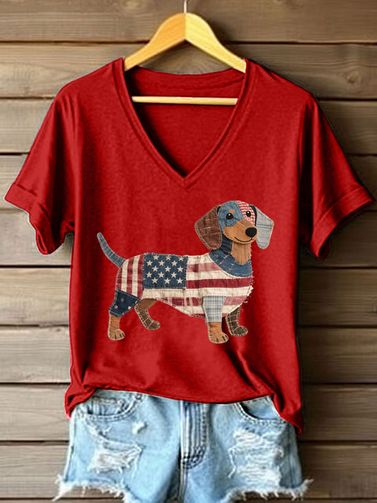 Women's Lovely Dachshund Patchwork Pattern V-Neck T-Shirt