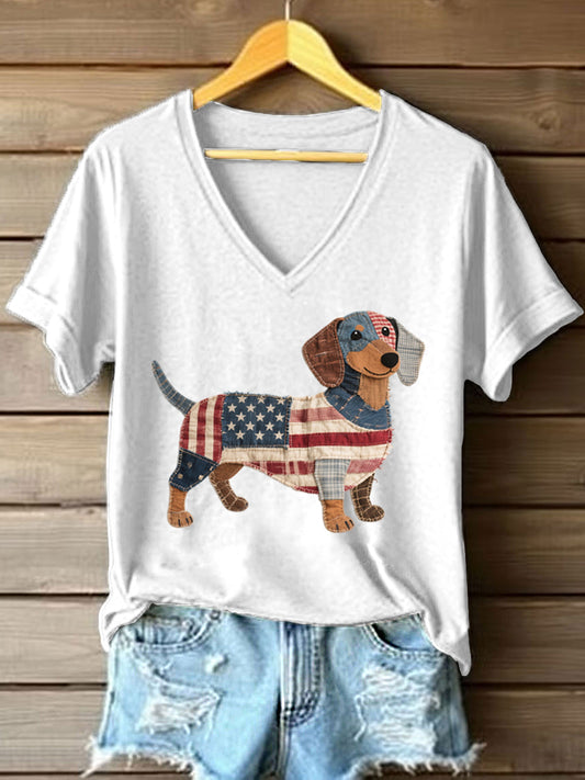 Women's Lovely Dachshund Patchwork Pattern V-Neck T-Shirt