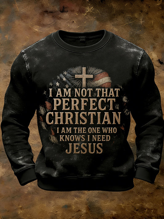 Men's Retro Christian Cross Print Casual Sweatshirt