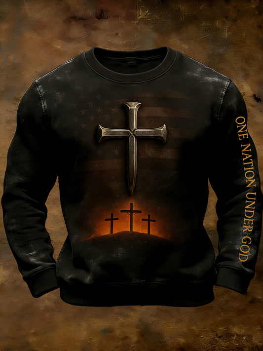 Men's Retro One Nation Under God Cross Print Casual Sweatshirt