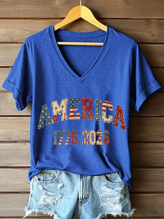 Women's Freedom Legacy 1776-2026 Patchwork Pattern V-Neck T-Shirt