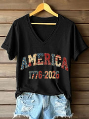 Women's Freedom Legacy 1776-2026 Patchwork Pattern V-Neck T-Shirt