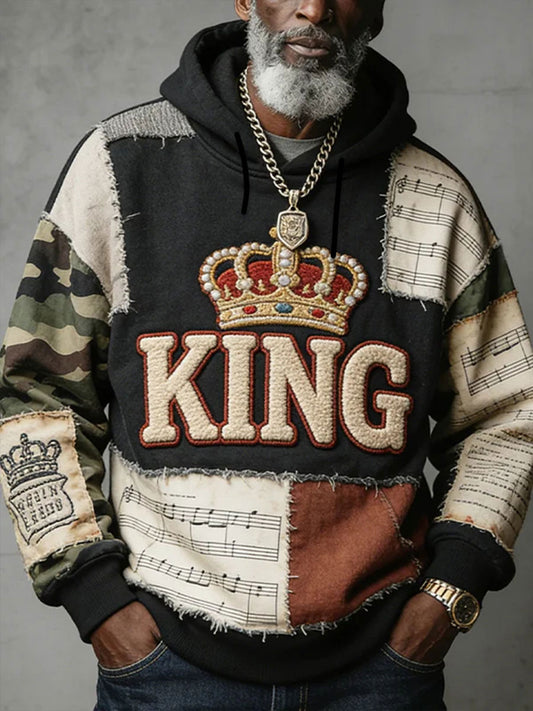 Men's King Patchwork Oversized Drop-Shoulder Hoodie With Pockets