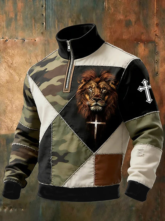 Men's Stitching Camouflage Pattern Christian Cross Lion Print Quarter Zip Sweatshirts