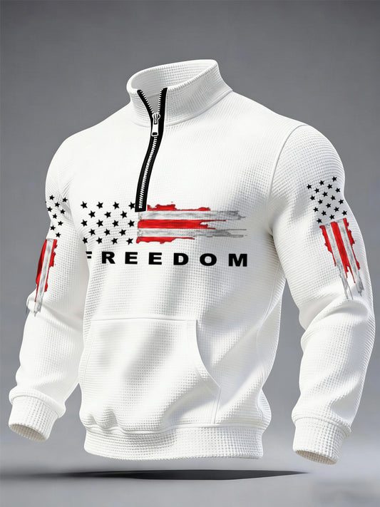 Men's Freedom USA Flag Print Casual Waffle Zipper Sweatshirt