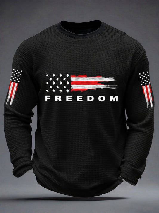 Men's Freedom USA Flag Print Casual Waffle Long Sleeve T-Shirt