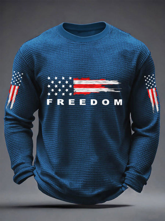 Men's Freedom USA Flag Print Casual Waffle Long Sleeve T-Shirt