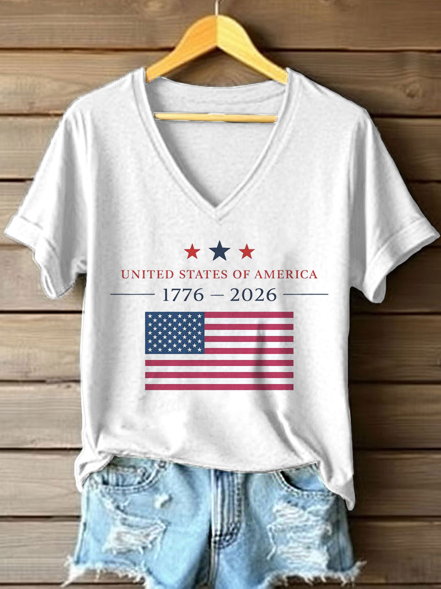 Women's USA 1776-2026 Print V-Neck T-Shirt