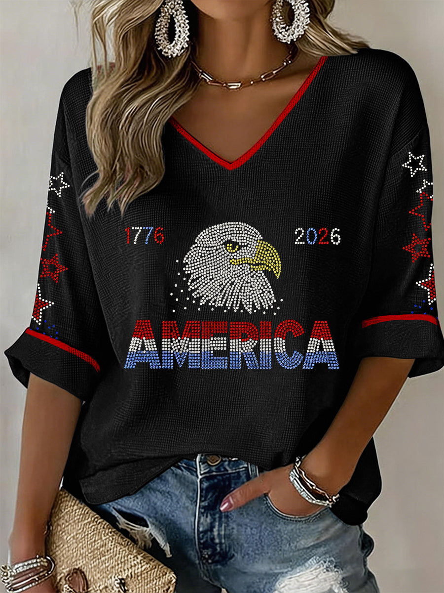 Women's USA 1776-2026 Rhinestone Pattern V-Neck Waffle Top