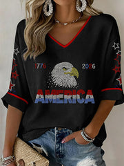 Women's USA 1776-2026 Rhinestone Pattern V-Neck Waffle Top
