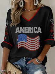 Women's USA 1776-2026 Rhinestone Pattern V-Neck Waffle Top