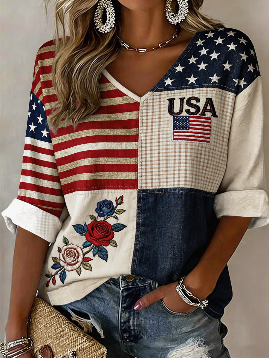 Women's USA Inspired Floral Embroidery Pattern Linen V-Neck Shirt