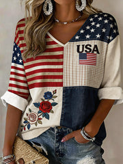 Women's USA Inspired Floral Embroidery Pattern Linen V-Neck Shirt