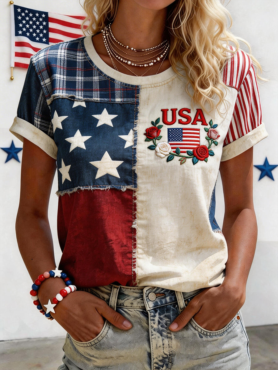 Women's USA Inspired Floral Embroidery Pattern Linen Blend Shirt