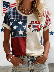 Women's USA Inspired Floral Embroidery Pattern Linen Blend Shirt