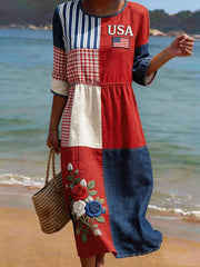 Women's USA Inspired Floral Embroidery Pattern Linen Blend Dress