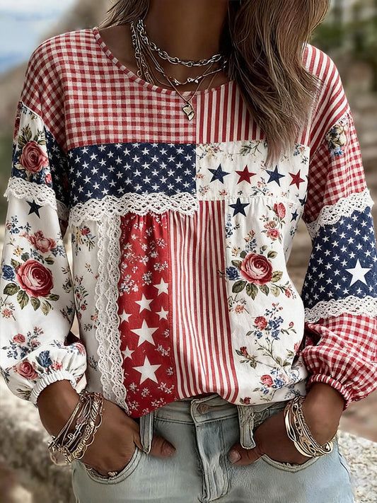 Women's Patchwork Floral Print Casual Top
