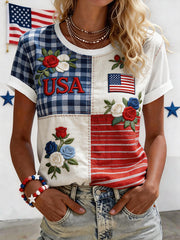 Women's USA Inspired Floral Embroidery Pattern Linen Blend Shirt