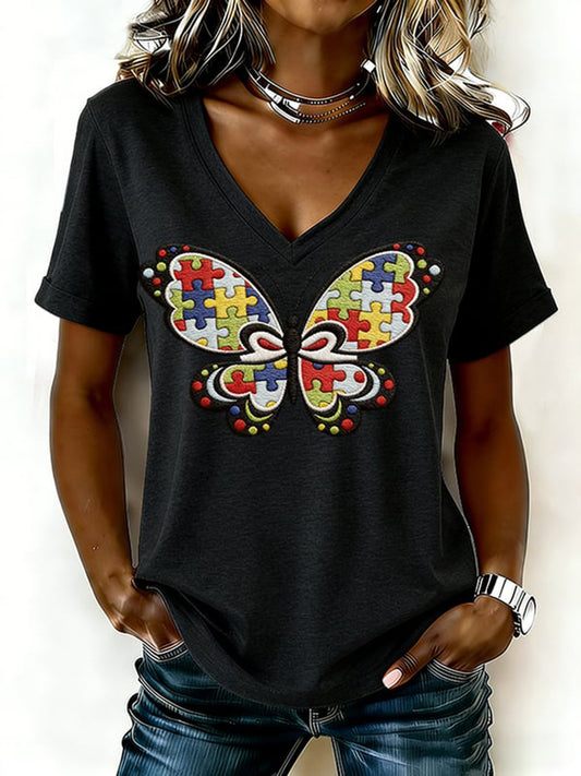 Women's Autism Awareness Printed Casual T-Shirt