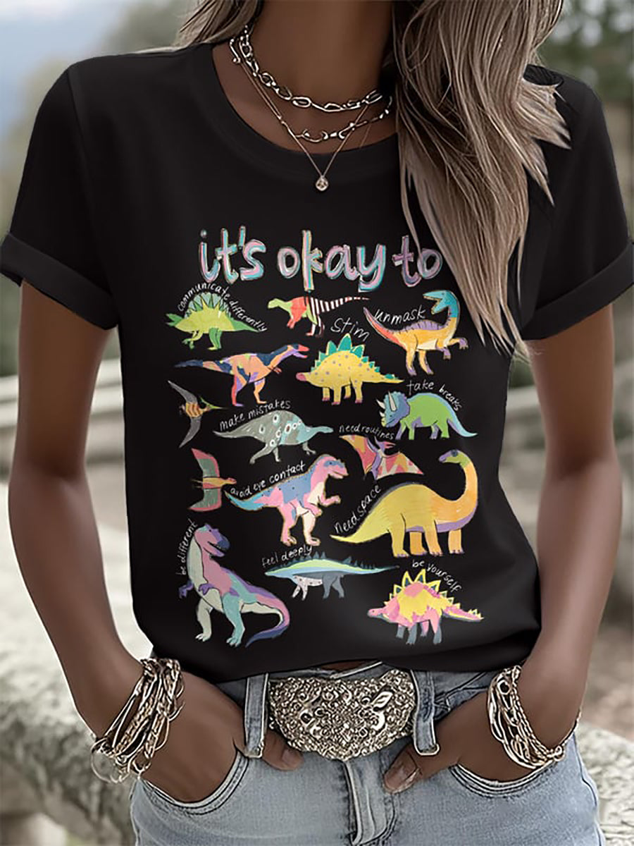 Women's It’s Ok To Be Different Autism Dinosaur Printed T-Shirt
