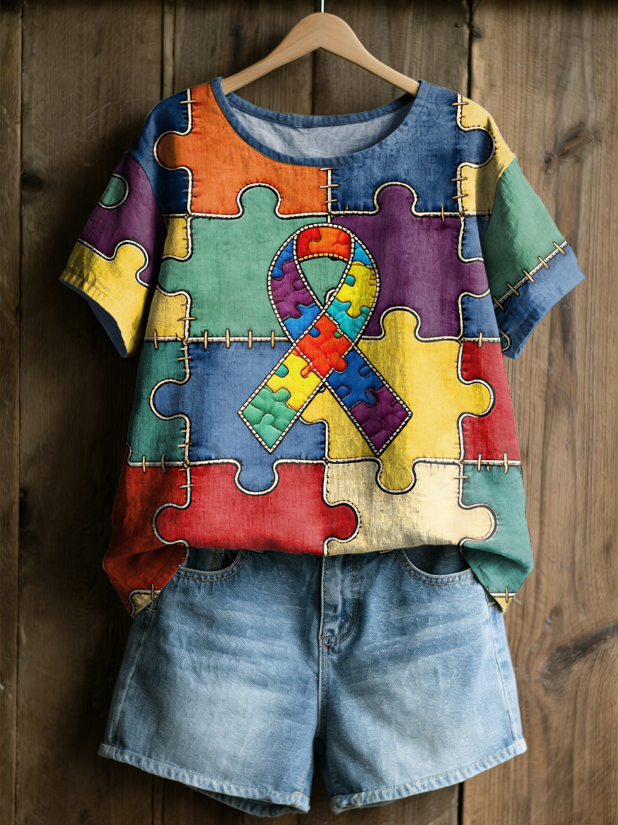 Women's Autism Acceptance Printed Linen T-shirt
