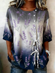 Women's Purple Flora Art Buttoned And Linen Blend Shirt