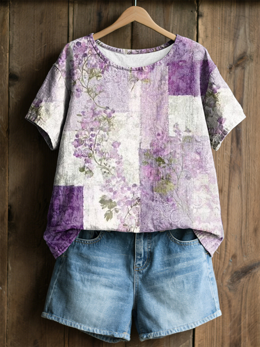 Women's Purple Flora Art Print Casual T-Shirt