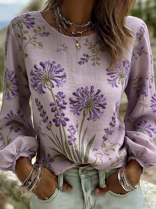 Women's Purple Flora Art Print Casual T-Shirt