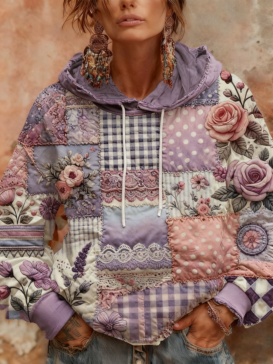 Women's Alzheimer's Awareness Purple Floral  Patchwork Hooded