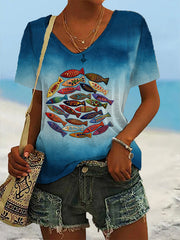 Women's Lovely Fish Art Gradient Short Sleeve T-shirt