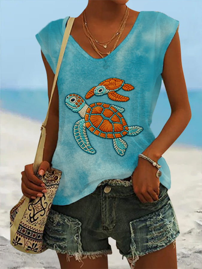 Women's Lovely Sea Turtles  Art Tie Dye Sleeveless T-shirt